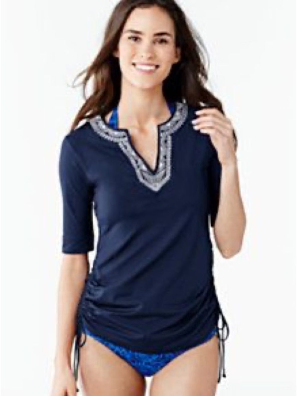 Lands' End Navy Embroidered Neckline Swim Top Size Large